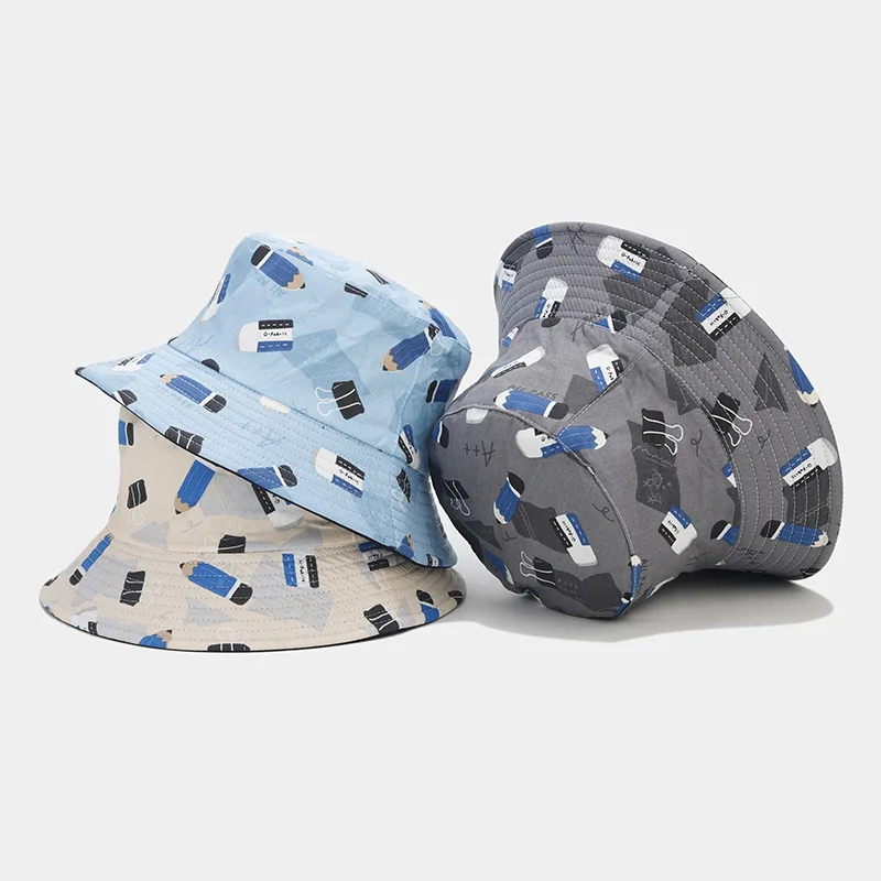 Cute Cartoon Three-Color Pencil Pattern Cotton Full Printed Bucket Hat Trendy College Style All-Match Double-Sided Bucket Hat Su
