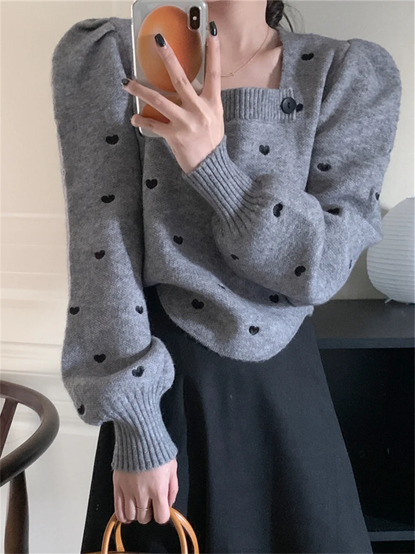 

Alien Kitty Women Jumpers Embroidery Hearts Slim New Vintage Mujer Slim Office Lady Gentle Square Collar Sweet Knitted Sweaters