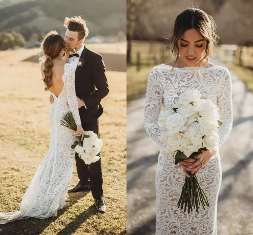 

Sexy Bohemian Mermaid Wedding Dresses 2022 Full Lace Backless Long Sleeve Countryside Summer Beach Bride Wedding Dress Vestido