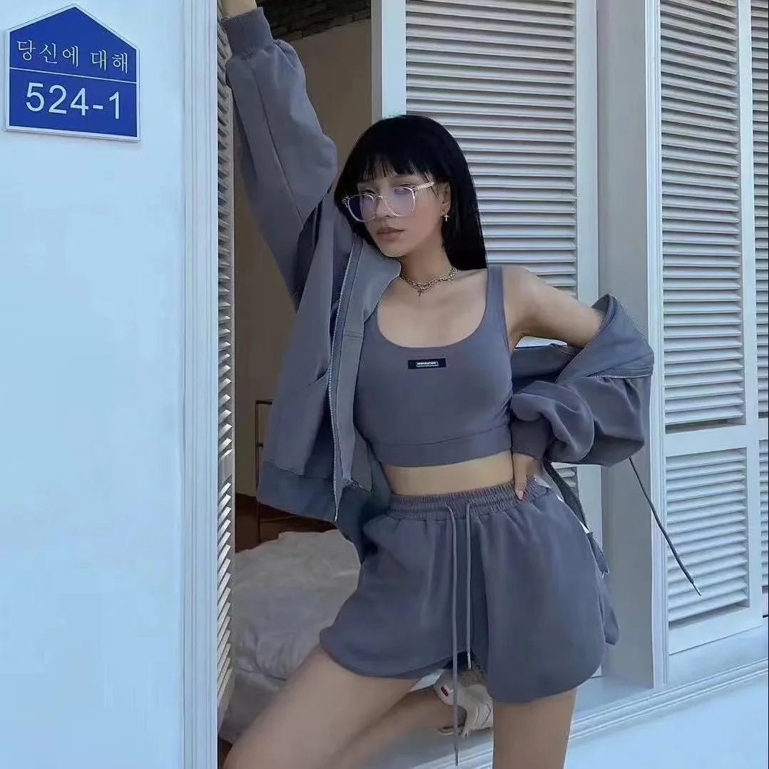 Комплект из трех предметов Женский повседневные шорты на шнуровке куртка молнии