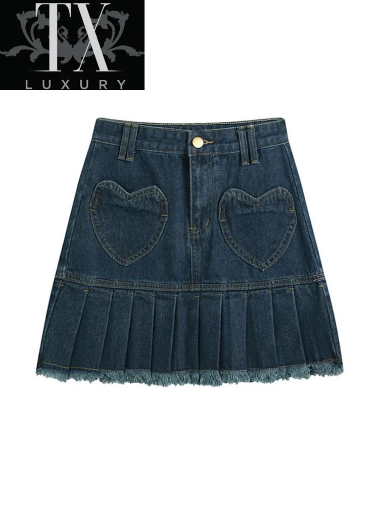 

High Waist Y2k Pleated Denim Women Casual Love Graphic Pocket Blue Washed Mini Skirt Summer Streetwear E-girl Outfits