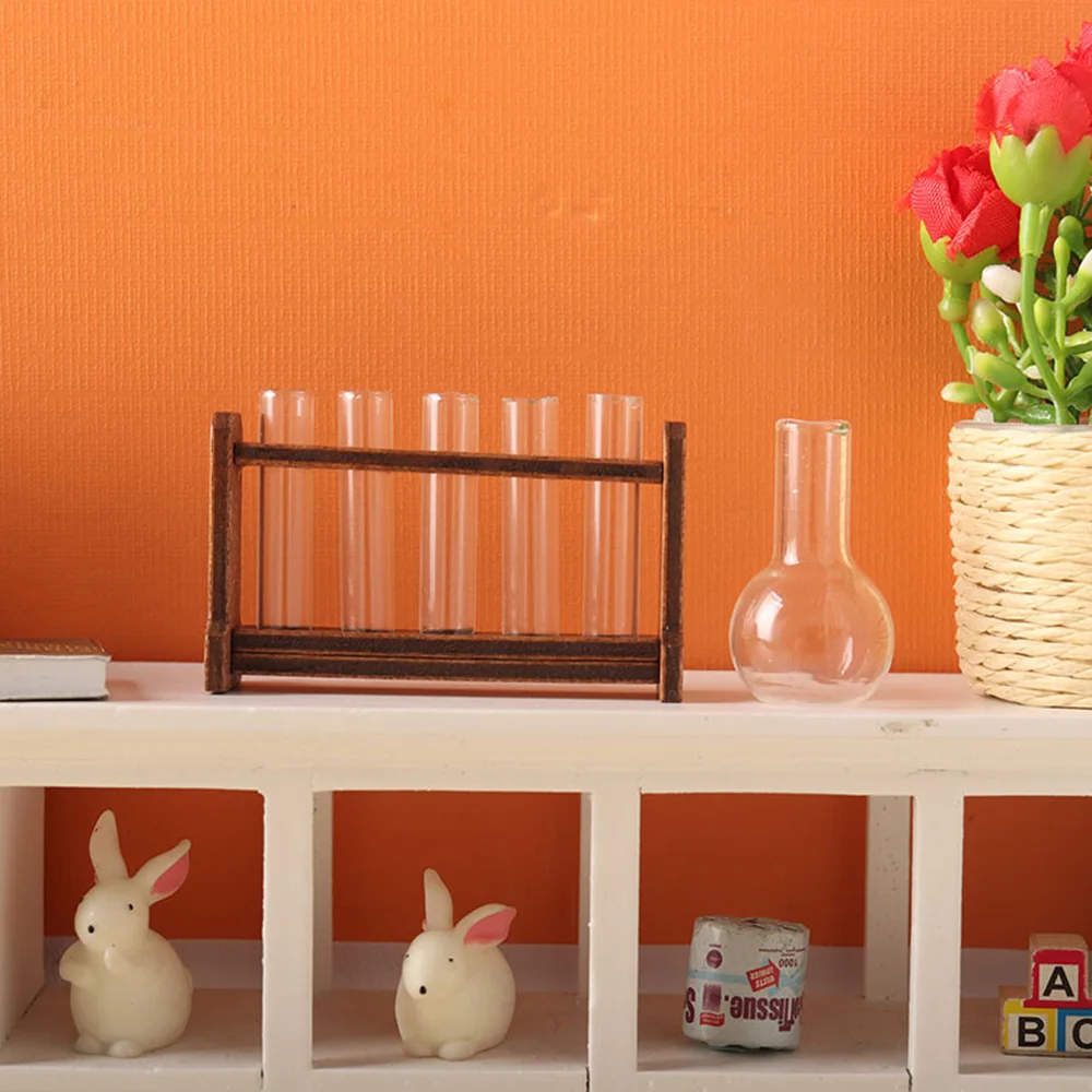 

Mini Experimental Tube Flask Laboratory Glass Test Tubes With Wooden Rack Set Dollhouse Miniature Accessory Decoration Ornament