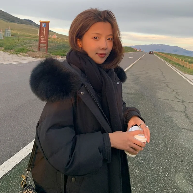 Women Winter Super Thick Warm Korean Loose Snow Jackets 2021 New Mid-length Coats Trendy Patchwork Overcoat Down Cotton Parkas