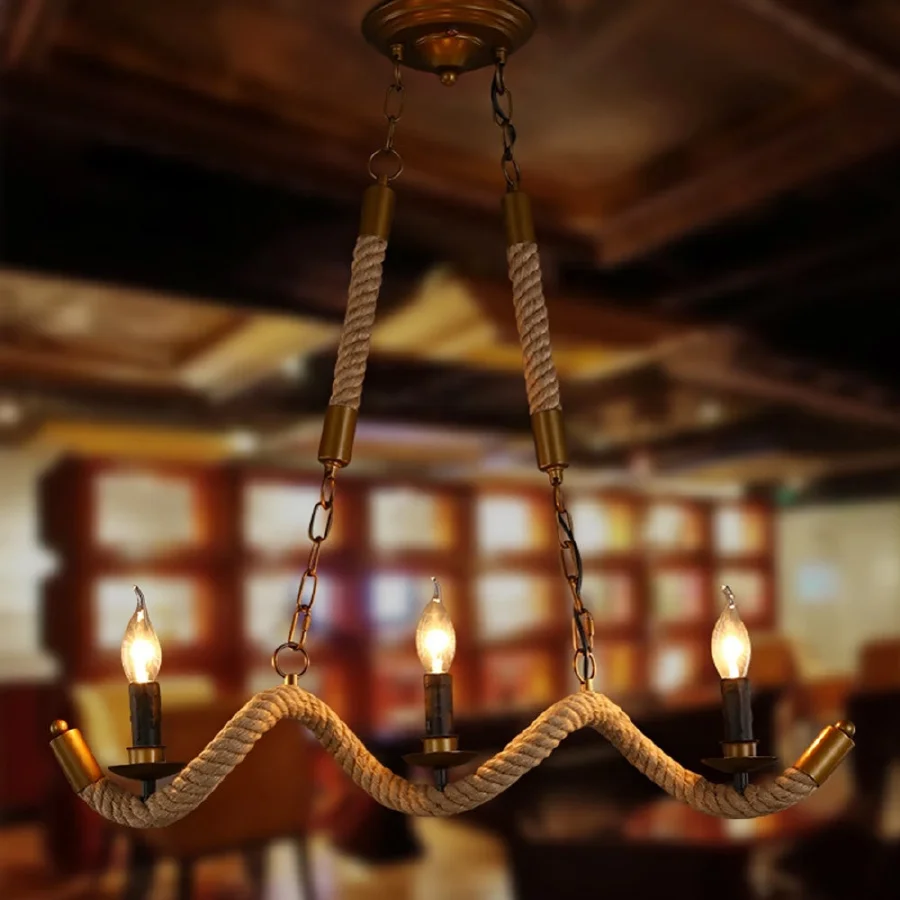 

Retro Loft Decor rustic chandelier Hemp Rope Chandelier Kitchen Bar Dining room E14 bulb wave chandelier Lighting