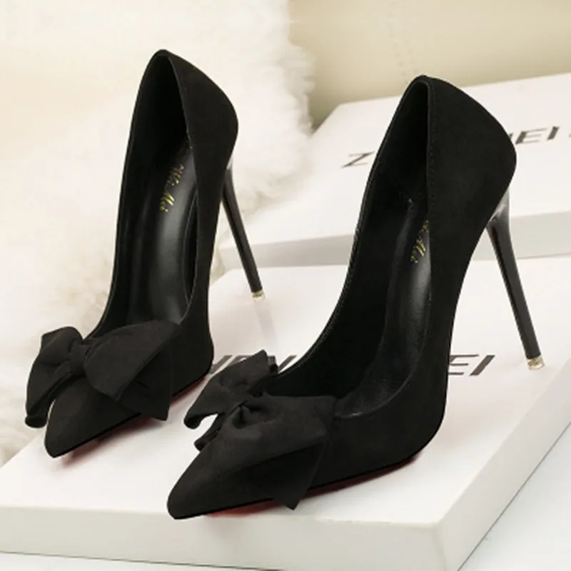 

Women's shoes suede leather bow fine with suede fashion high heel shallow mouth pointed sexy nightclub high heeled women pumps