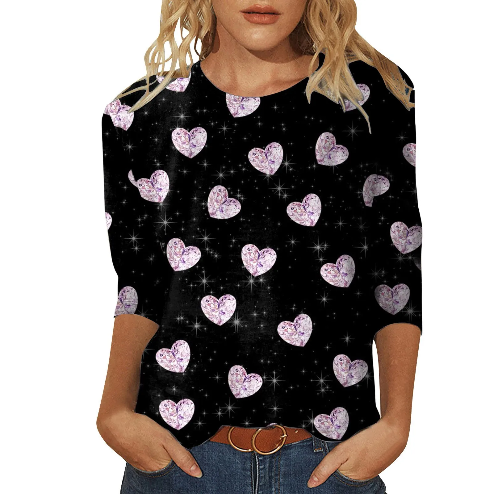 

Свободная туника для женщин, повседневные летние топы с цветочным принтом, футболка с рукавом три четверти и круглым вырезом, хлопковая фут...