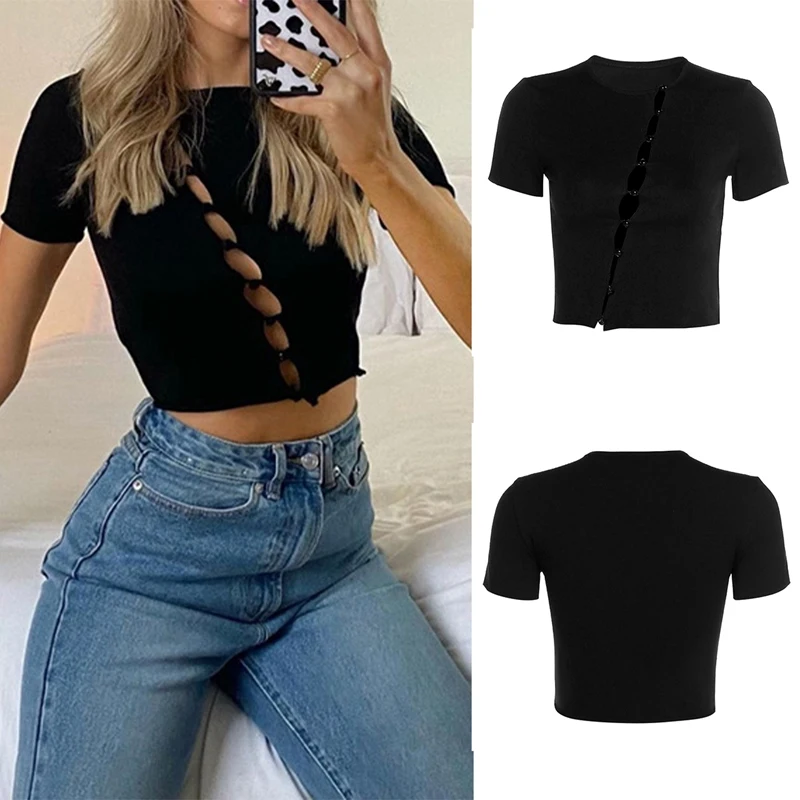 

Women's New Short Sleeve Round Neck Crimped Hole Hollow Slim T-Shirt Black