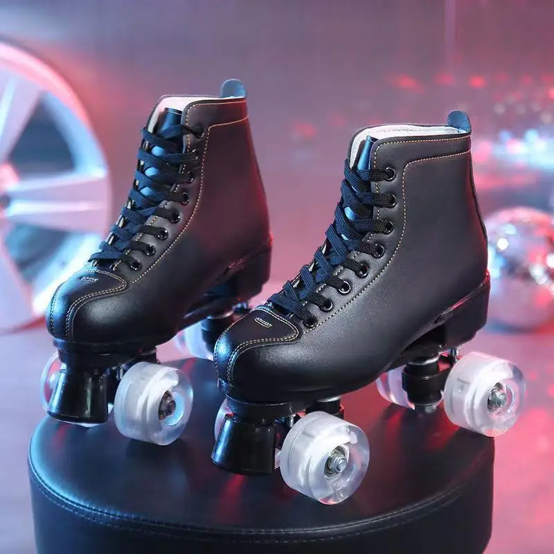 Luxury Black Leather Roller Skates Woman Man Children Double Row PU 4-Wheels Quad Skating Sneakers Outdoor Patines Shoes