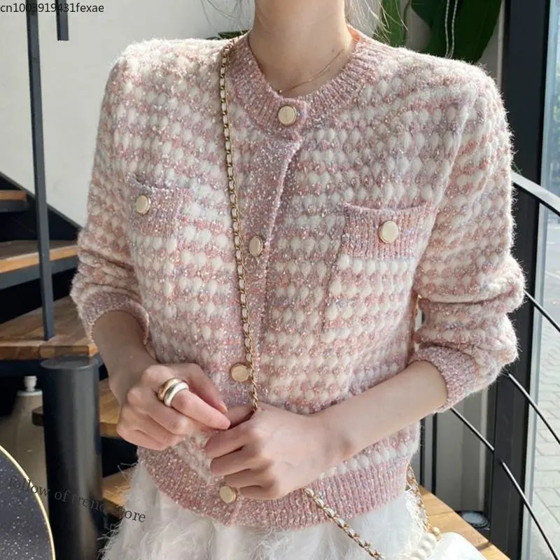 

2022 Autumn Long Sleeve Panelled Patchwork Sweater Women Short O-neck Coat Pockets Knitted Cardigan England Style Retro Tops