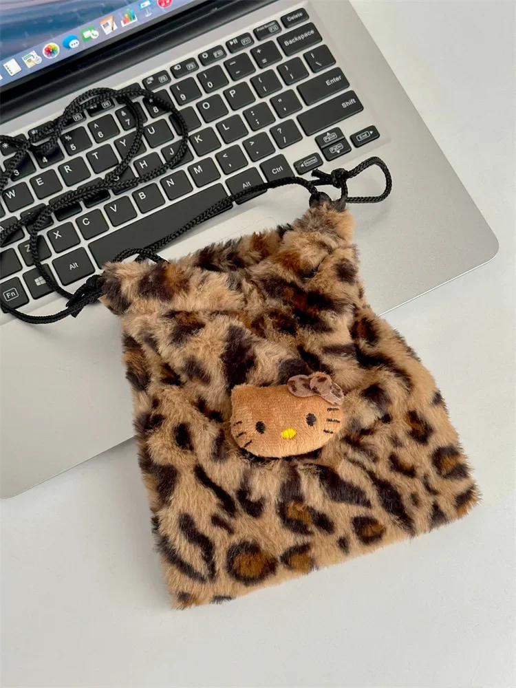 Женская плюшевая сумка на шнурке с леопардовым принтом