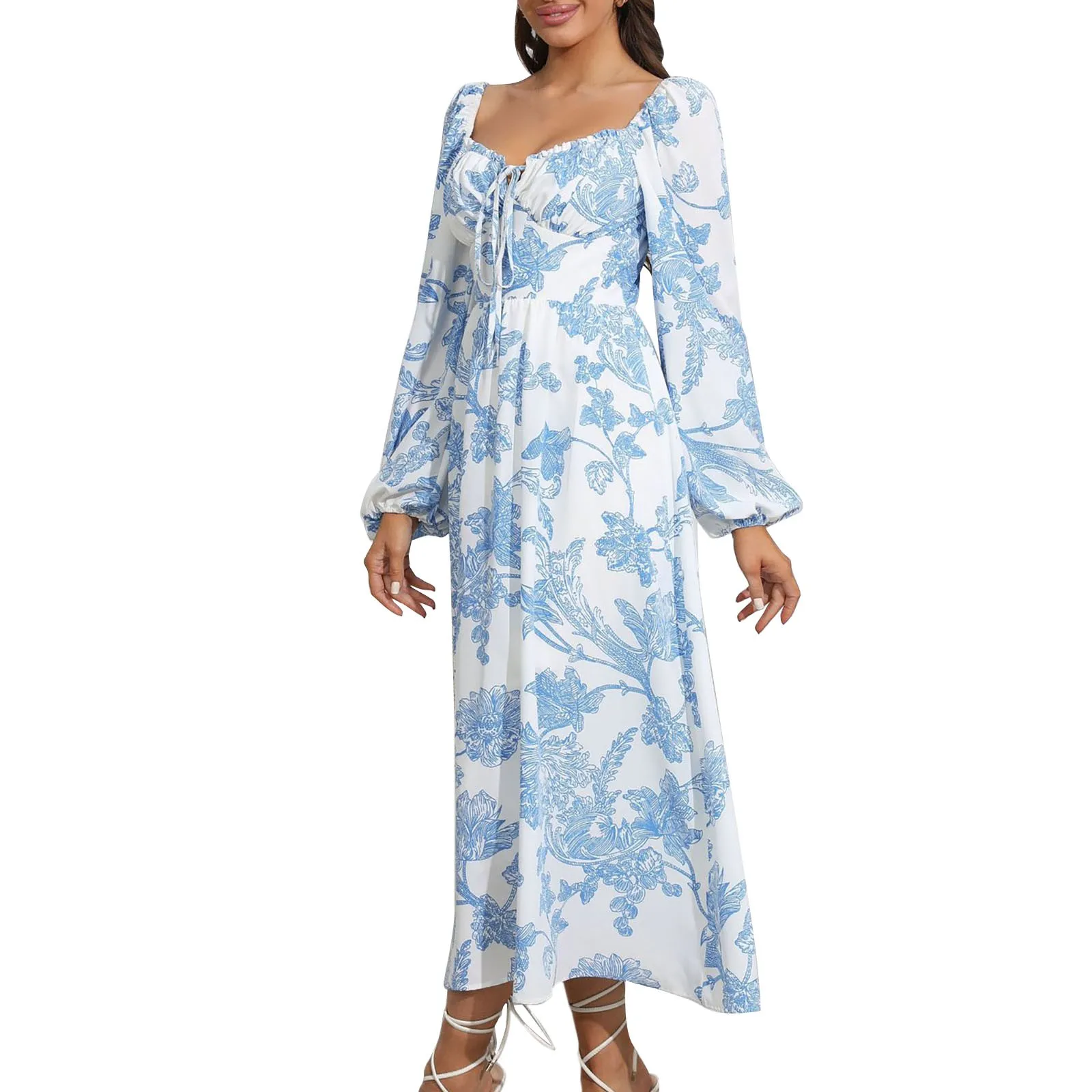 

Женское винтажное Двухстороннее платье, элегантное платье миди с цветочным принтом, длинное праздничное платье на бретельках с пышными рукавами и оборками