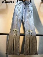 2022 spring autumn new exquisite rhinestone beaded bow high waist slimming slit skinny jeans womens denim flare pants
