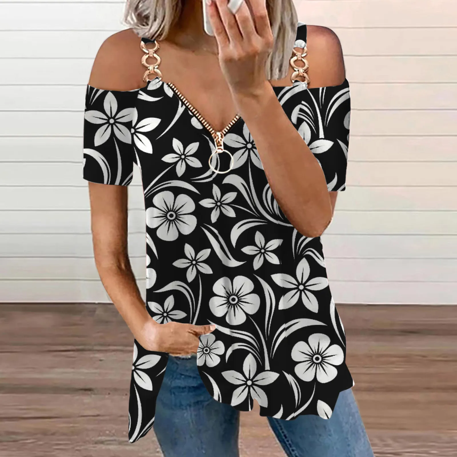 

Женская винтажная туника на молнии, с V-образным вырезом и коротким рукавом