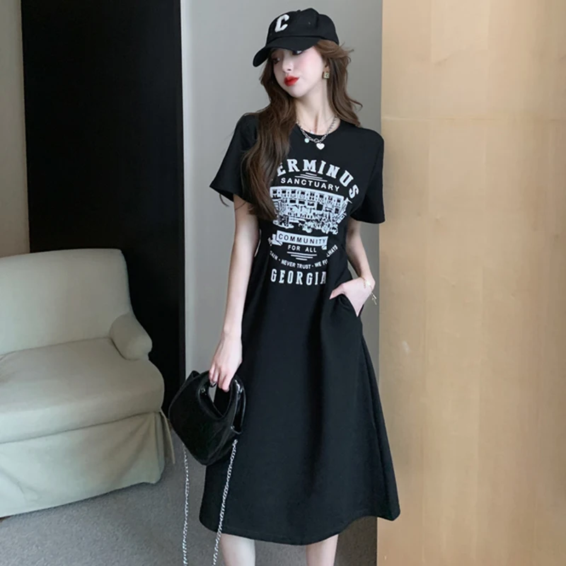 

Dresses For Women 2022 Summer new loose thin French printed T-shirt dress pleated skirt 092