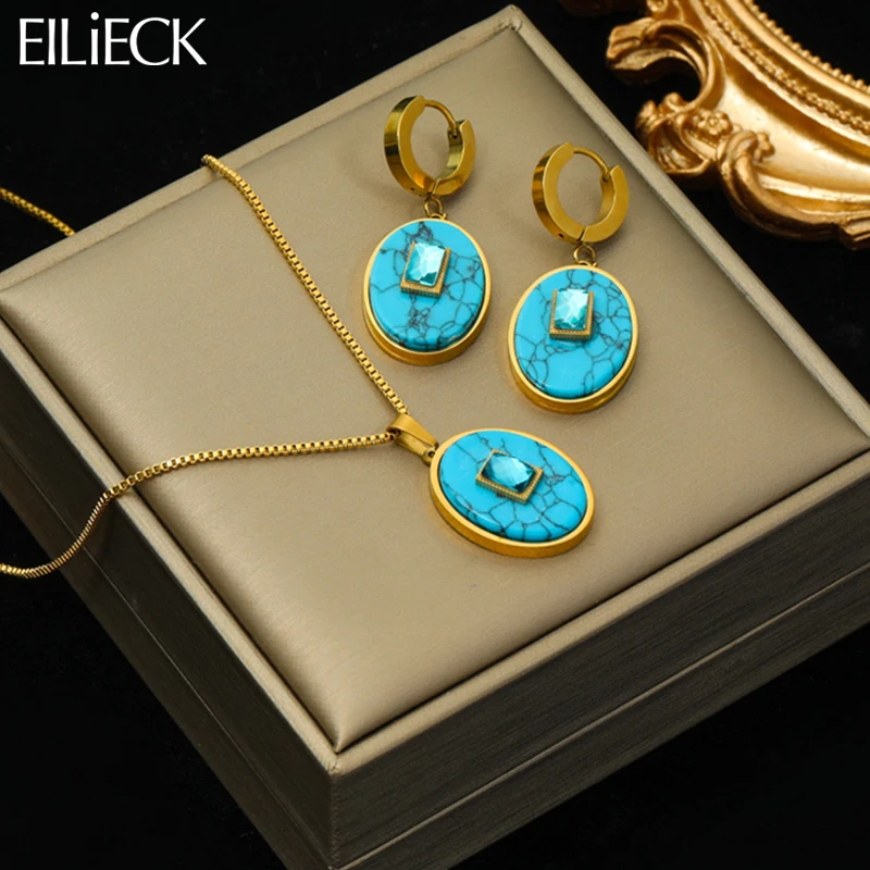 

EILIECK 316L Stainless Steel Green Stone Crystal Pendant Necklace Earrings For Women Vintage Design Waterproof Jewelry Set Gift