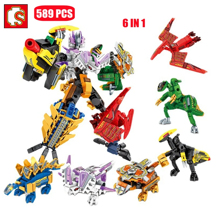 

SEMBO 6IN1 Dinosaurs Transforming Mecha Building Blocks MOC Dragon God Mech Assembly Bricks Educational Toys For Children Gifts