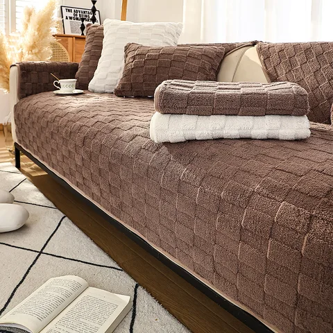 Однотонный клетчатый чехол для дивана, чехол для дивана в гостиную, тканевое полотенце, простое современное зимнее плюшевое утолщенное нескользящее теплое покрытие
