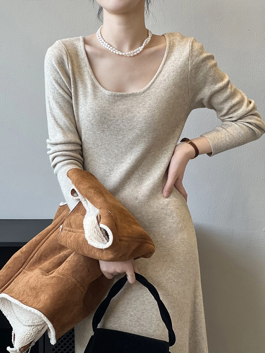 Трикотажное платье женское весенне-осеннее с французским рукавом длинными