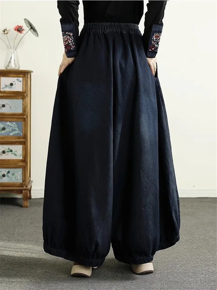 Женские винтажные тяжелые джинсы свободные длинные брюки из денима с вышивкой и