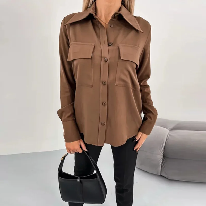 

Casual Long Sleeve Single breasted Shirt Women Elegant Turn-down Collar Solid Color Tops Spring Fall Fashion Pocket Loose Blouse