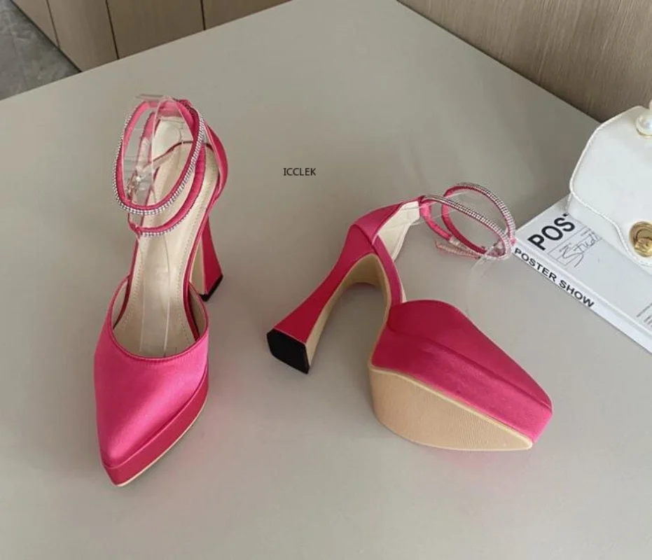 

Extreme High Heels Satins Women Pumps Fashion Pointed Toe Platform Chunky Square heel Buckle Strap Party Prom Shoes