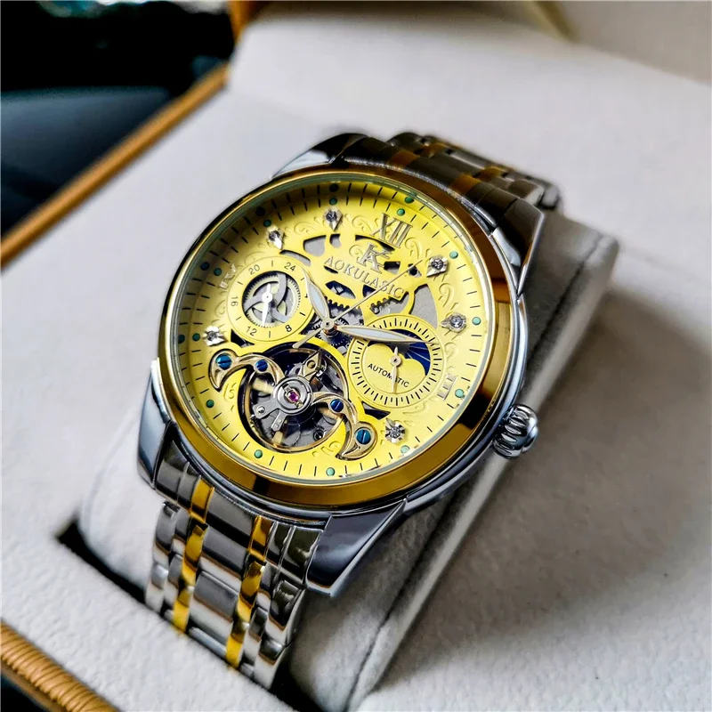 

Мужские часы AOKULASIC, новые автоматические Модные многофункциональные водонепроницаемые светящиеся механические наручные часы Moon Relogio Masculino