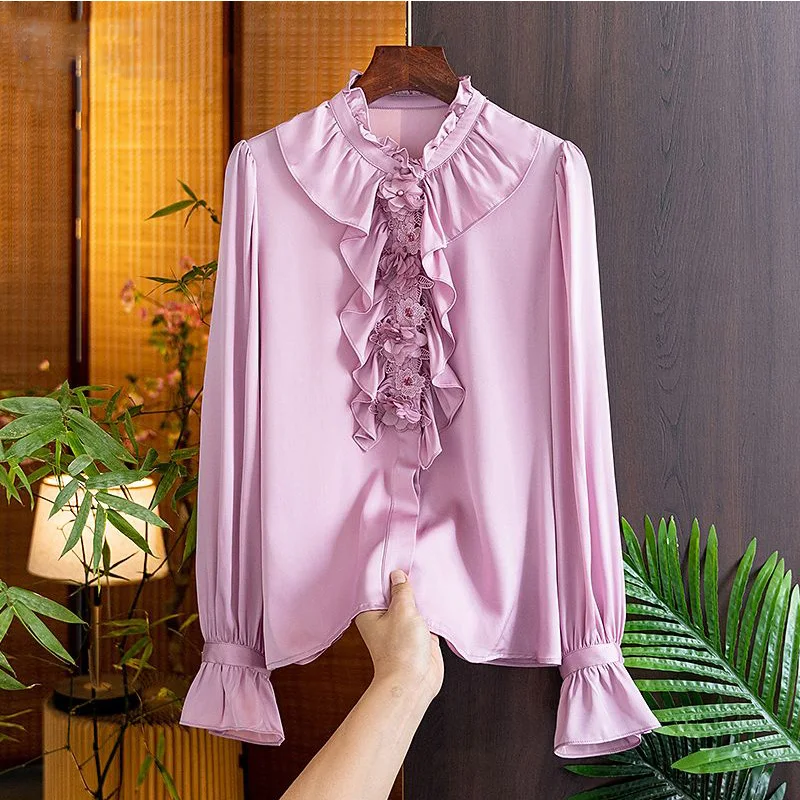

Spring 2023 New Temperament Ruffles Solid Color Ruffled Neck Long Sleeve Shirts Ladies Fashionable Buttons Flare Sleeve Blouse