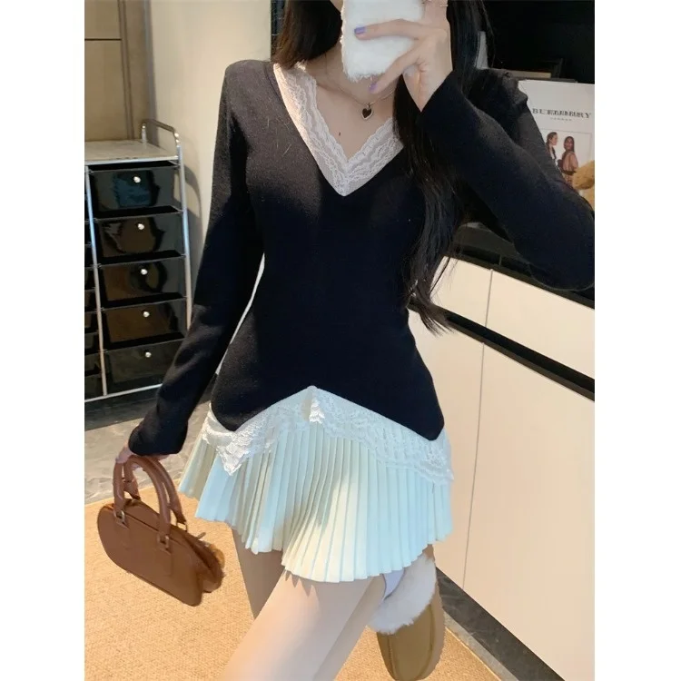 Pure Desire Temperament Кружевная строчка Свитер с v-образным вырезом и длинными рукавами