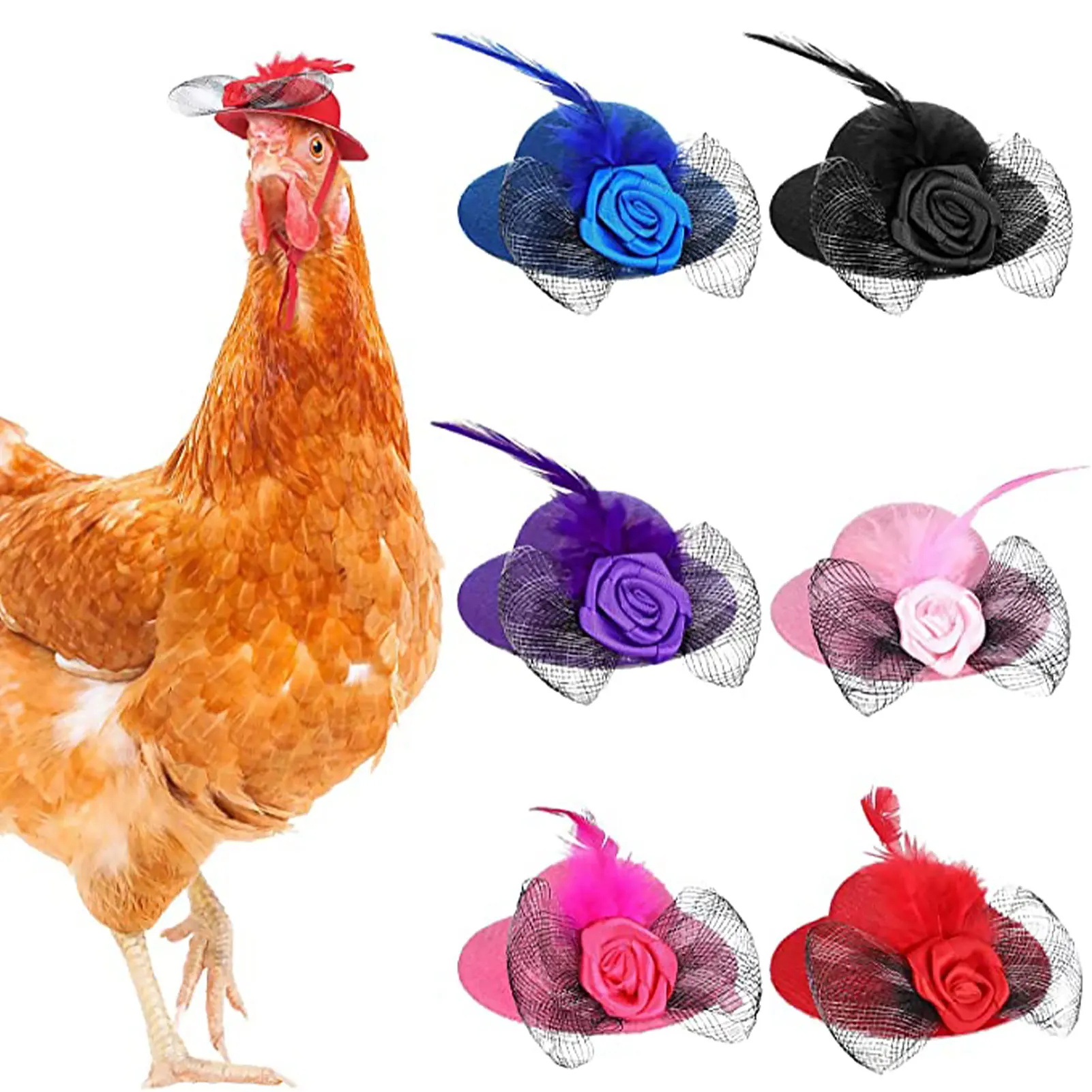 

6pcs Hens Chicken Hat Tiny Pets Chicken Accessories Feather Top Hat Rooster Duck Parrot Hamster Poultry Stylish Show Costum
