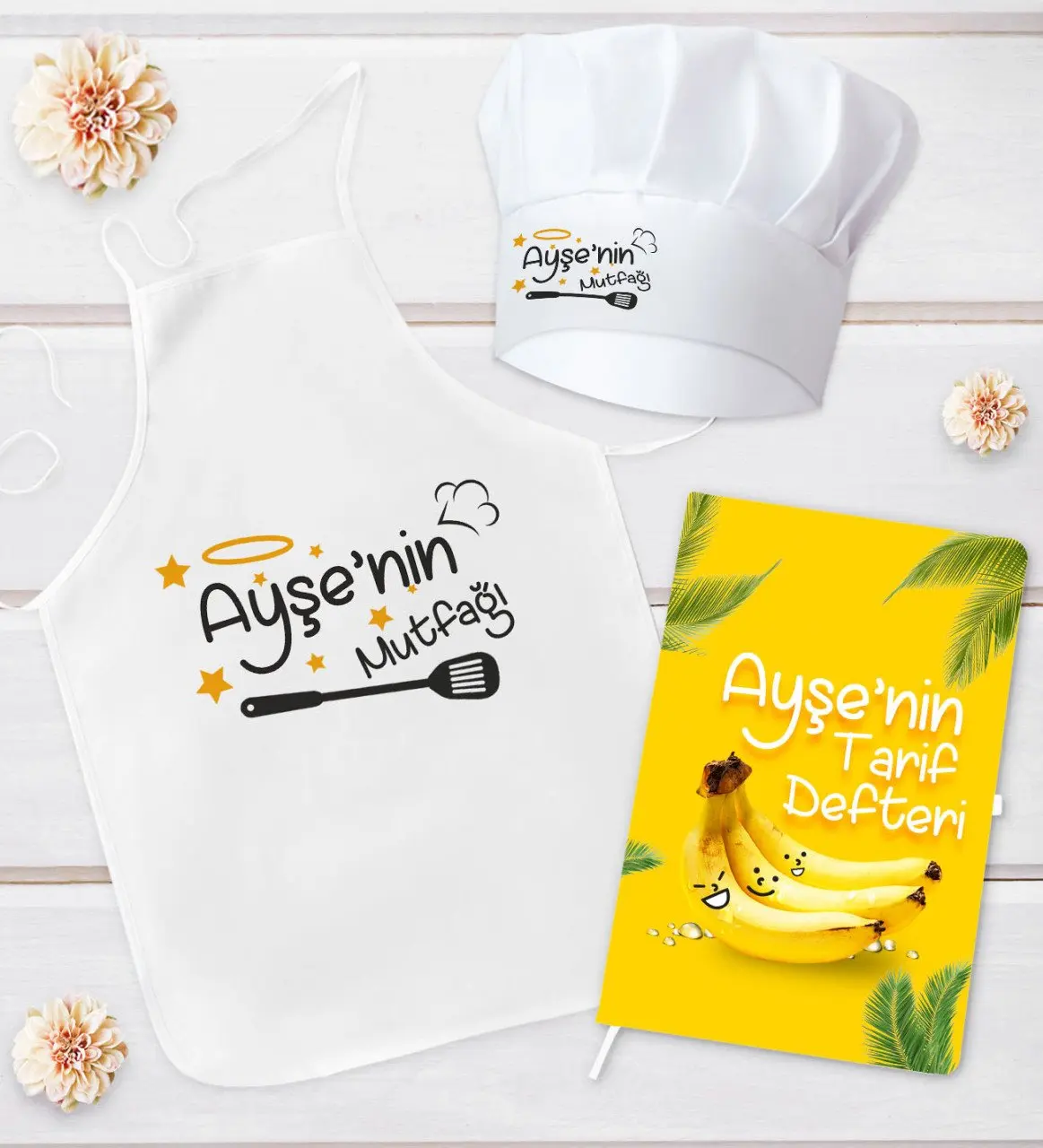 

Personalized kitchen apron cook hat and recipe book gift set Model 20