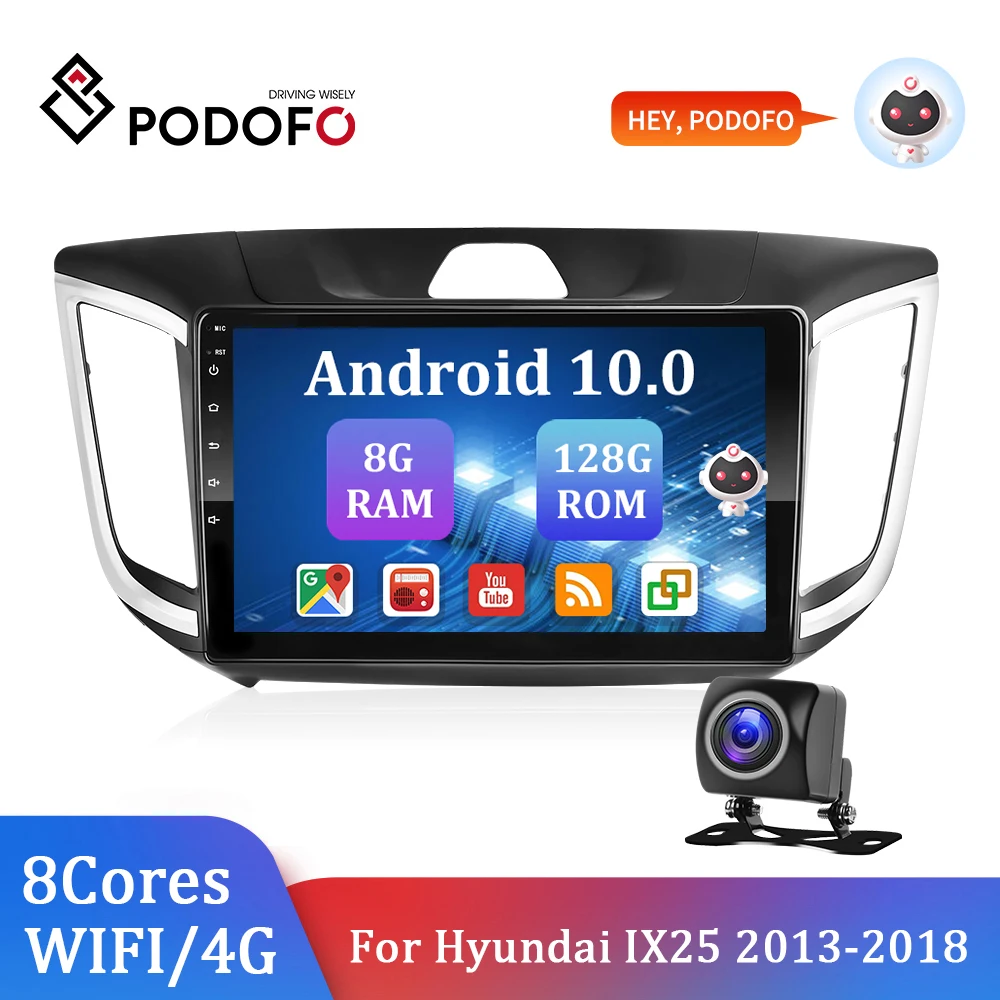 Podofo-autorradio 2 Din con GPS para coche, reproductor Multimedia con Android 10, Carplay, WIFI, 4G, para Hyundai Creta IX25 2013-2018