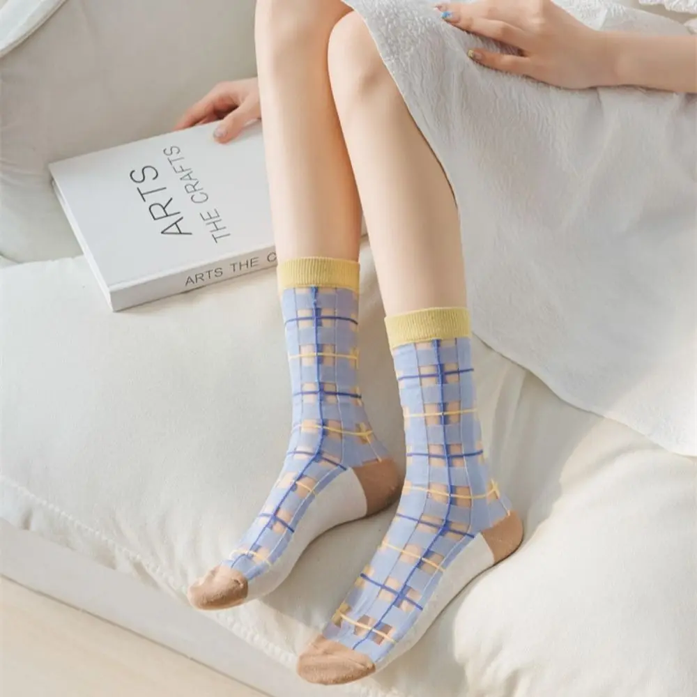 

Женские стеклянные шелковые носки, милые повседневные прозрачные носки в Корейском стиле с цветами, летние эластичные кавайные клетчатые носки