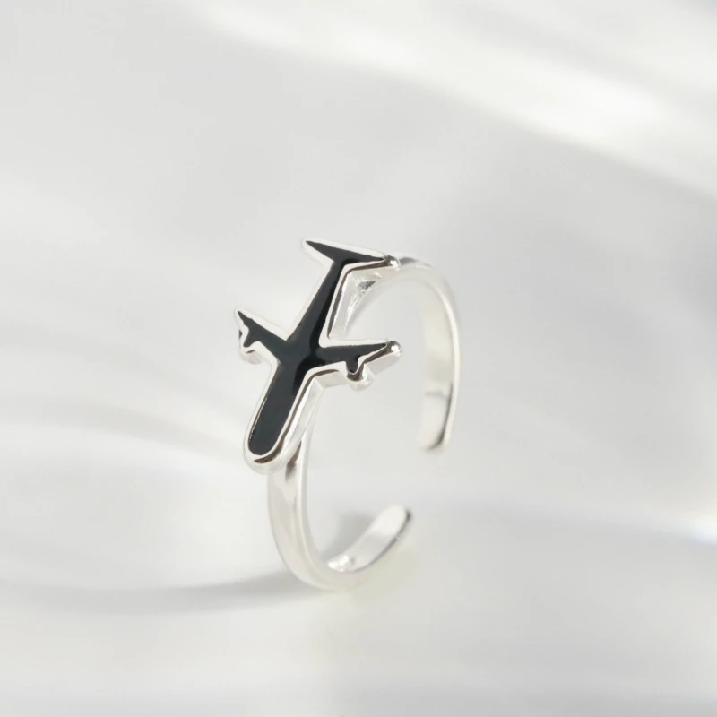 

Женское черное кольцо в виде самолета из стерлингового серебра, модный тренд для маленького самолета