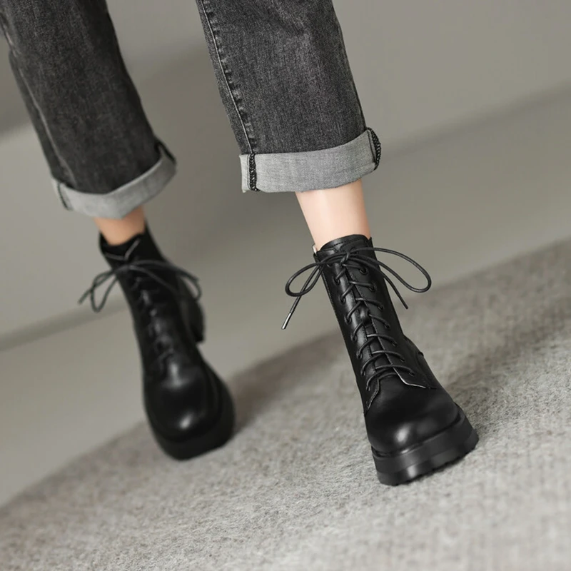 NEW Autumn Boots Women Genuine Leather Round Toe Platform Boots Height Increasing Lace-up Casual Boots Solid Short Boots Women