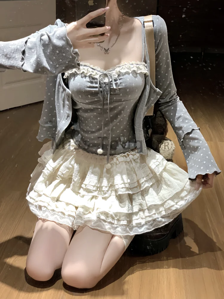 Японский сладкий кавайный вязаный комплект из 3 предметов женский осенний серый