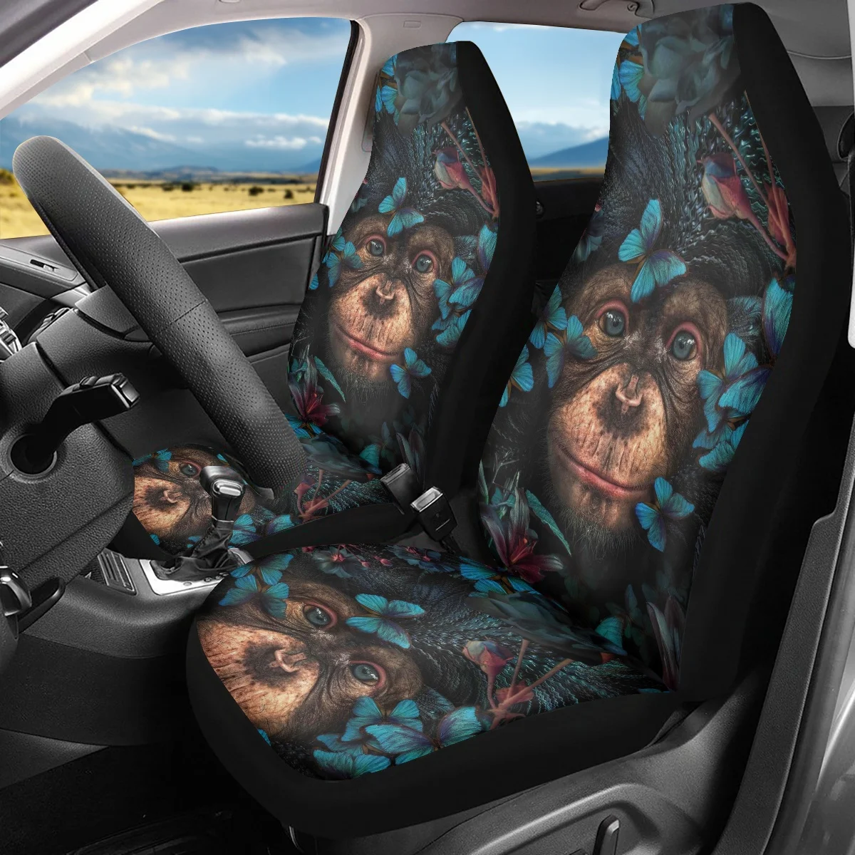 

Gorilla with Blue Butterfly Print Slip-Resistant Car Seat Cover for Car Washable Chimpanzees Car Accessories Vehicle Seat Covers