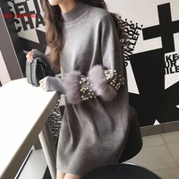 faux rabbits fur beaded sweater dress 2022 autumn winter women knitted pullovers sweater female long sleeve fashion stitching