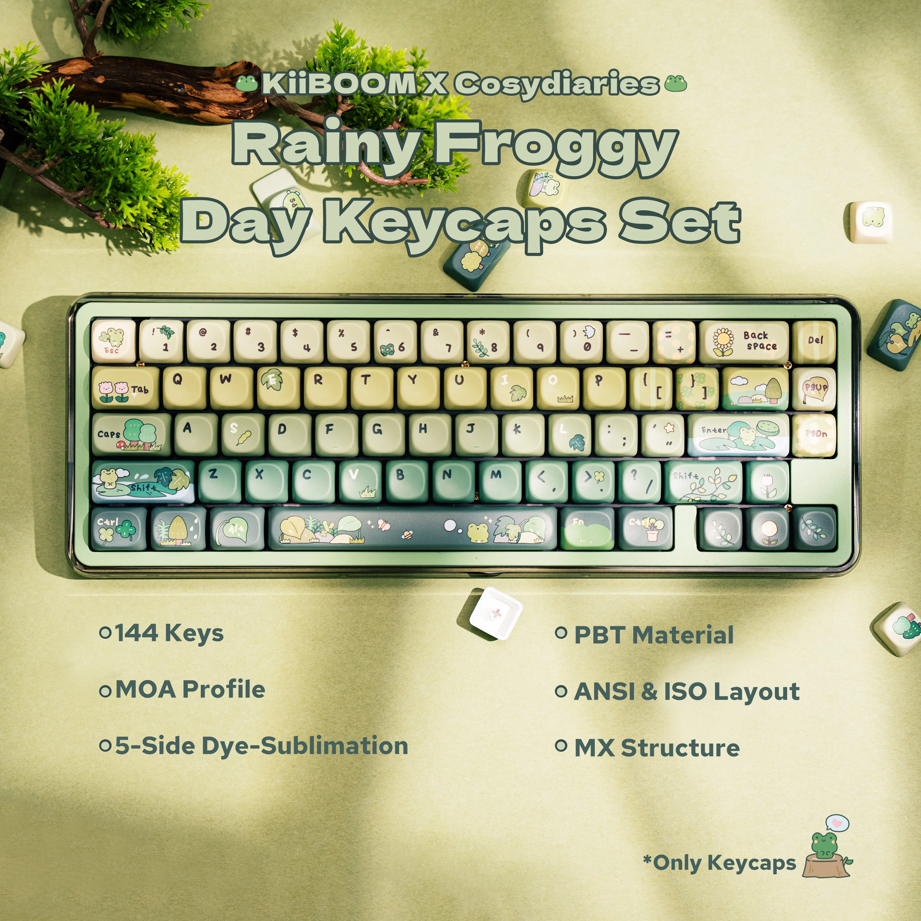 Фото Набор кейкапов KiiBOOM × Cosydiaries Rainy Froggy Day 144 MOA/Cherry Profile с 5-сторонней сублимационной печатью для клавиатур 60%/65%/75%/TKL/полноразмерных №1