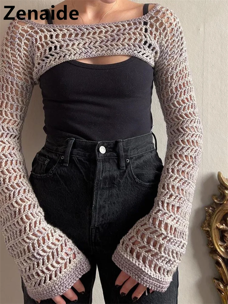 

Zenaide Hollow Out Smock Top Sun-protection Long Sleeve Knitted T Shirt Autumn Women Y2K Aesthetic Sexy Crochet Crop Tops 2022