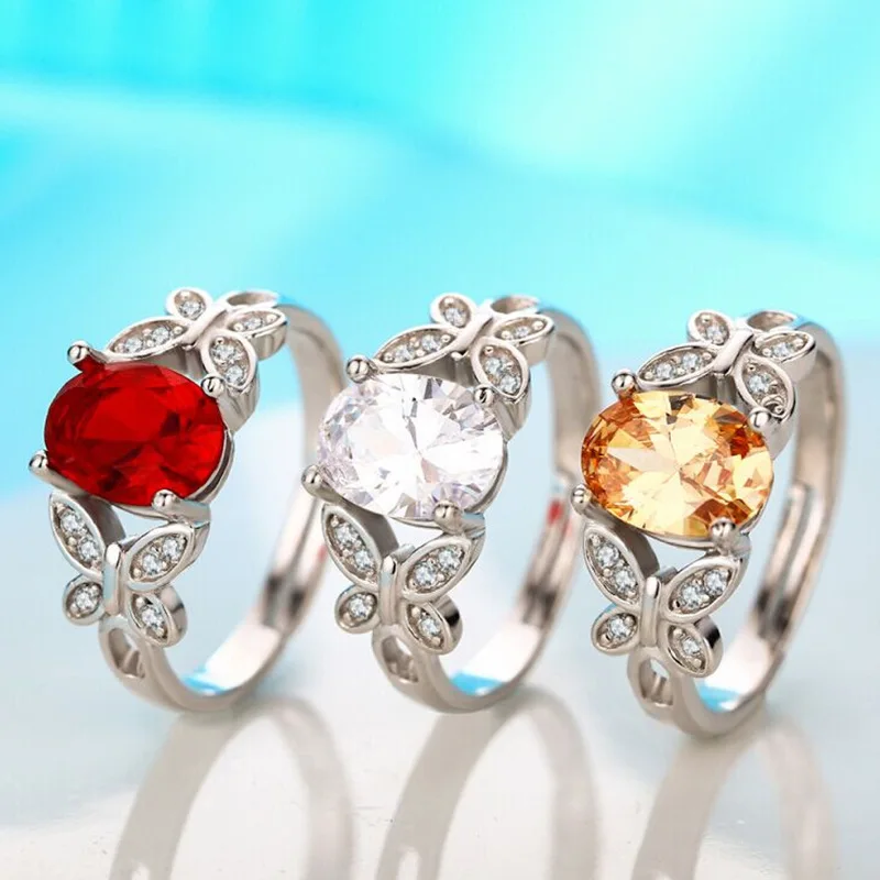

3 Colors Butterfly White/Red/Champagne Zircon Mystic Ring Silver-color Morgan Stone Garnet Ring Wedding Engagement For Women