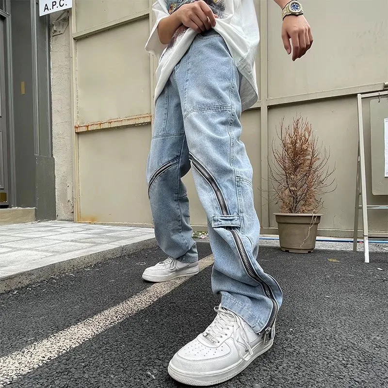 2022 Vibe Style Ankle Zipper Hip Hop Men Baggy Jeans Trousers Retro Washed Straight Denim Pants Elegant New Fashion Ropa Hombre