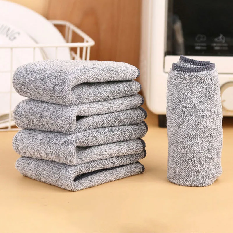 

5pcs Bamboo Charcoal Dishcloth Microfiber Kitchen Towel Absorbent Non-stick Oil Wiping Rag Thickened Cleaning Dishcloth