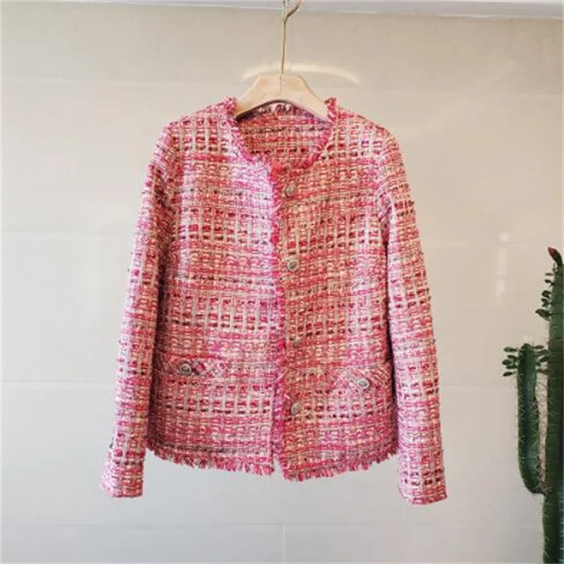 Spring autumn short coat women's jackets new retro tweed temperament slim fit pink single-breasted clothes