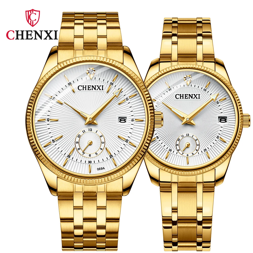 CHENXI Couple Wrist Watch Business Casual Stainless Steel Gold Watches For Women And Men Golden Watches Gift His Hers Watch Sets