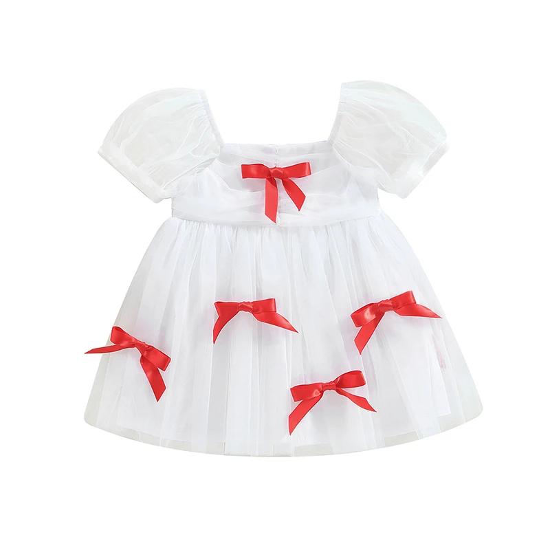 

Infant Girls Sweet Princess Dress Summer Cute Bowknot Square Neck Short Puff Sleeve Baby A-line Dress