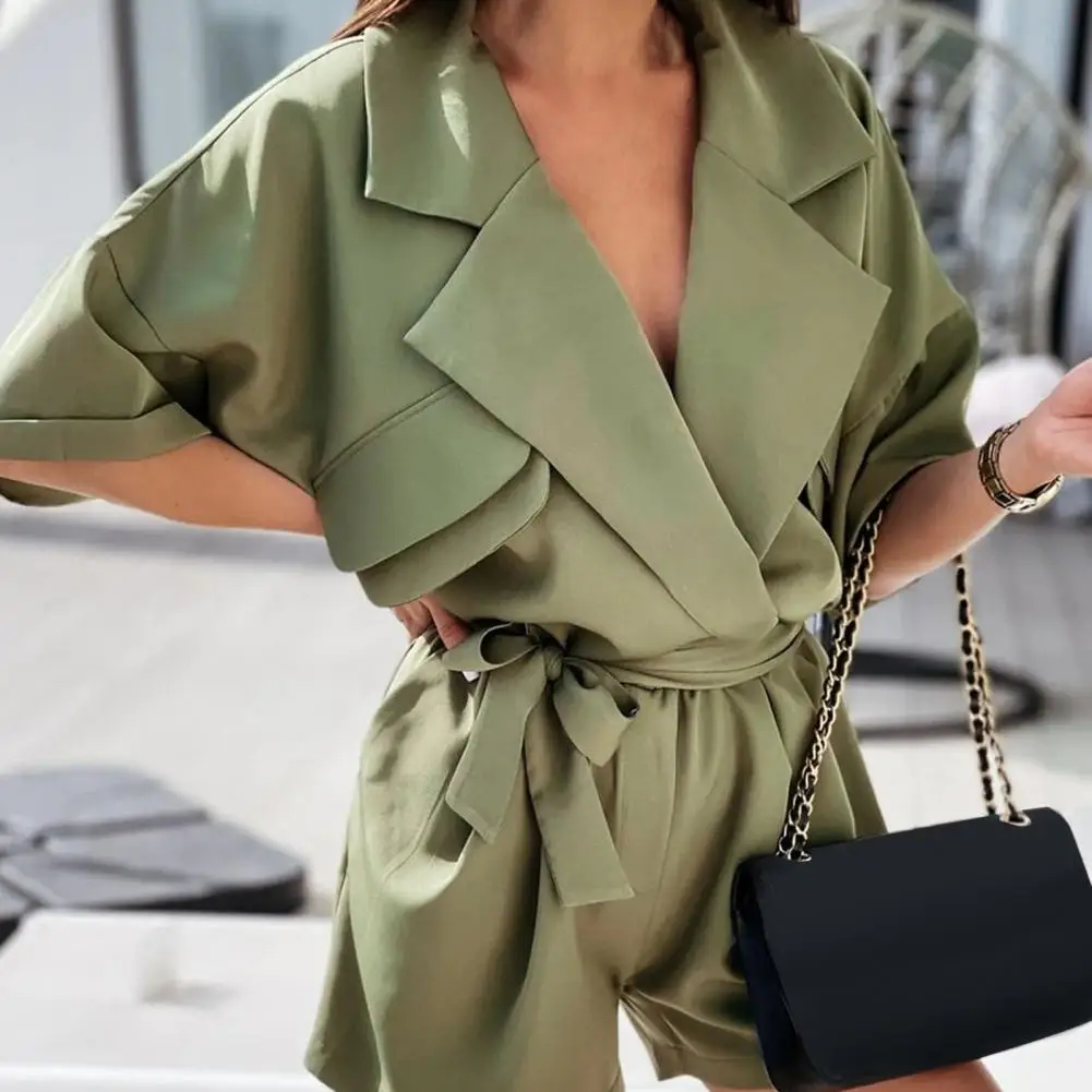 

Lapel Women Romper Breathable Streetwear Batwing Sleeve Short Romper for Work Two Piece Sets Womens Outifits костюм женский Traf