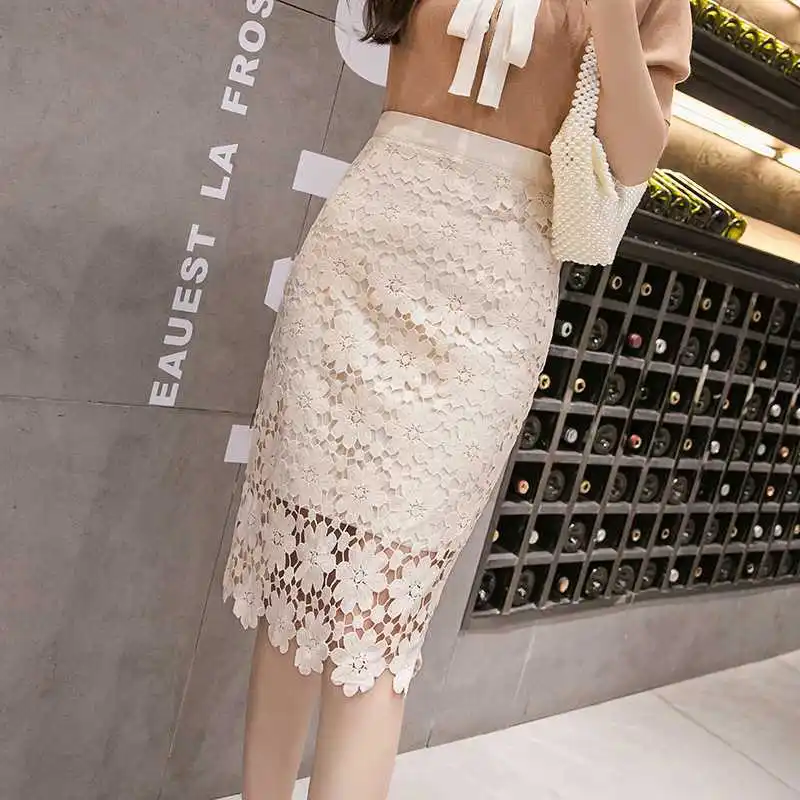 

Lace Skirt Crochet Floral Sheer Hollow Out High Waist Knee Length Elegant Chic Office Female Sweet Bodycon Black Skirt Women2022
