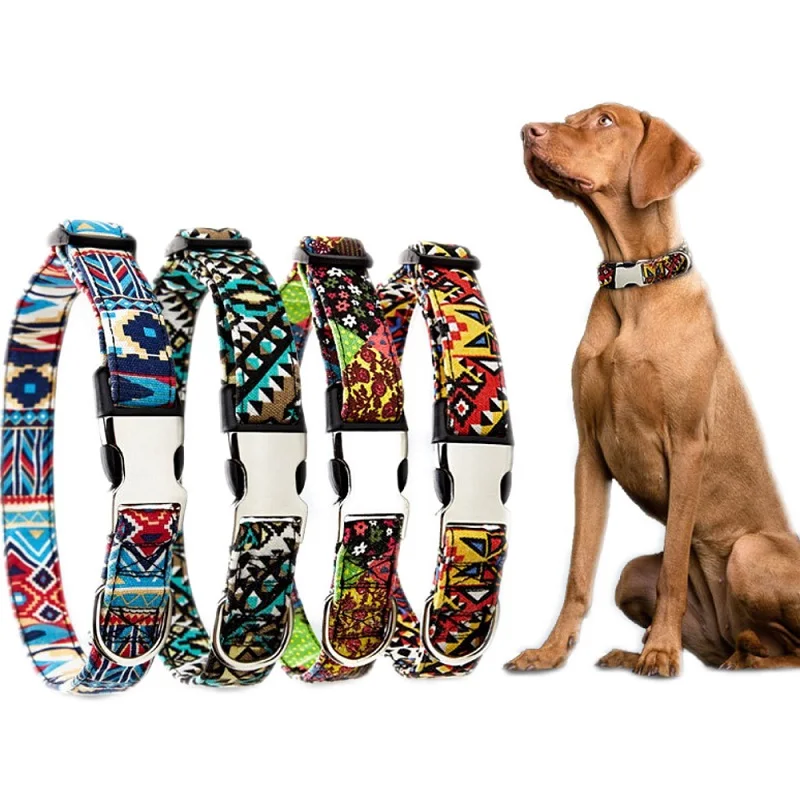 

Ошейник для собак в национальном стиле, Регулируемая металлическая пряжка, гравированная идентификационная табличка для маленьких и больш...