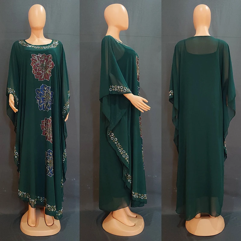 European and American women's Muslim long skirt suit diamond-encrusted chiffon suit two-piece Abaya Islamic holiday suit