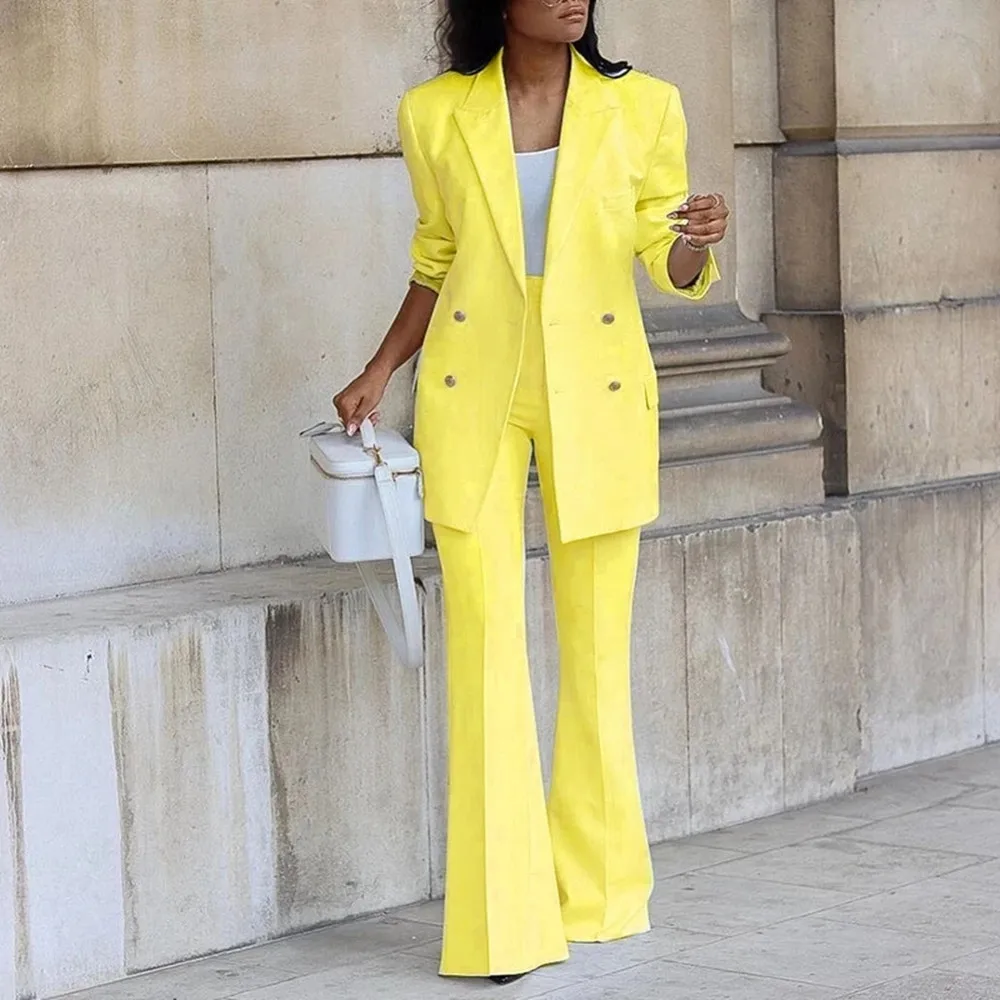 Tailored Yellow Coat Women's Suits Sets Slim Fit Peaked Lapel White Blazer Trousers Ladies Work Wear 2Pcs Jacket Wide Leg Pants